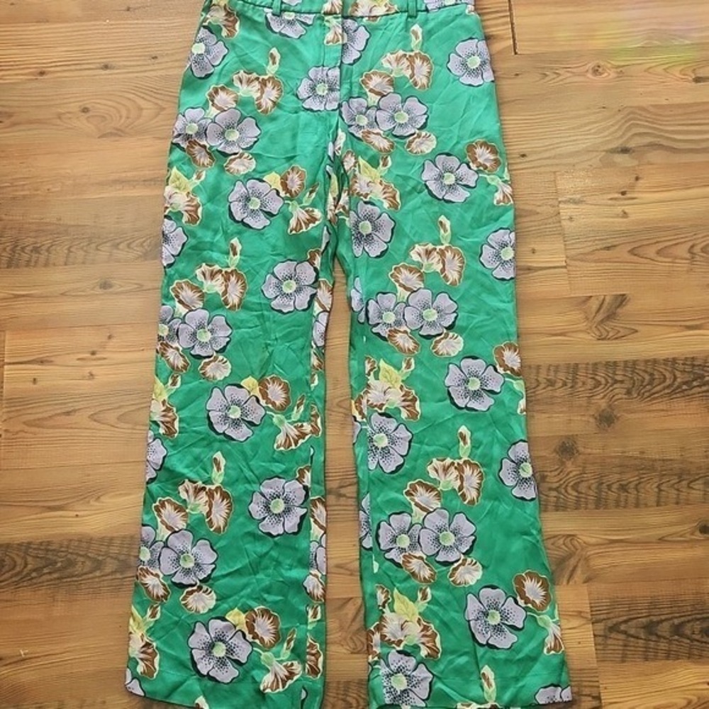 Tara Jarmon Green Floral Dopamine Festival Pants Size 38 Medium Boho Retro Satin